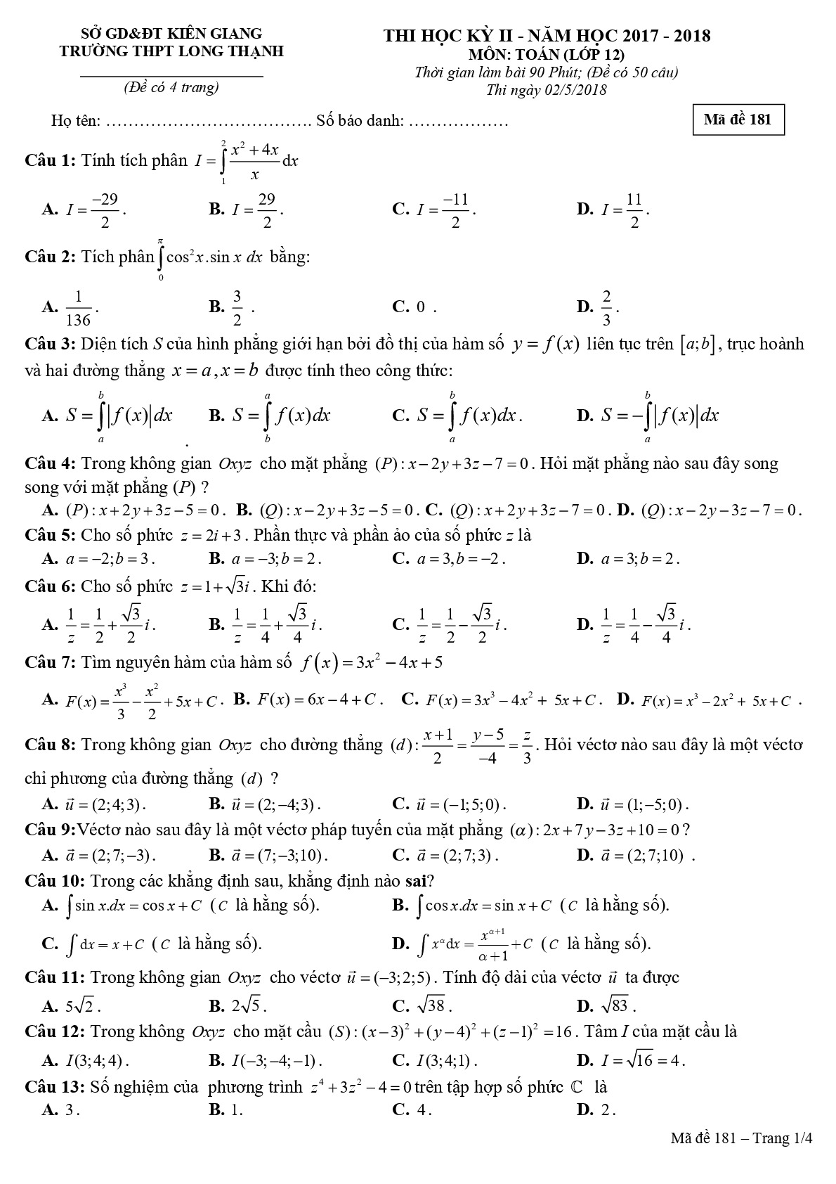Đề 9:  Đề thi học kỳ 2 Toán 12 năm 2017 – 2018 trường THPT Long Thạnh – Kiên Giang Mã đề 181