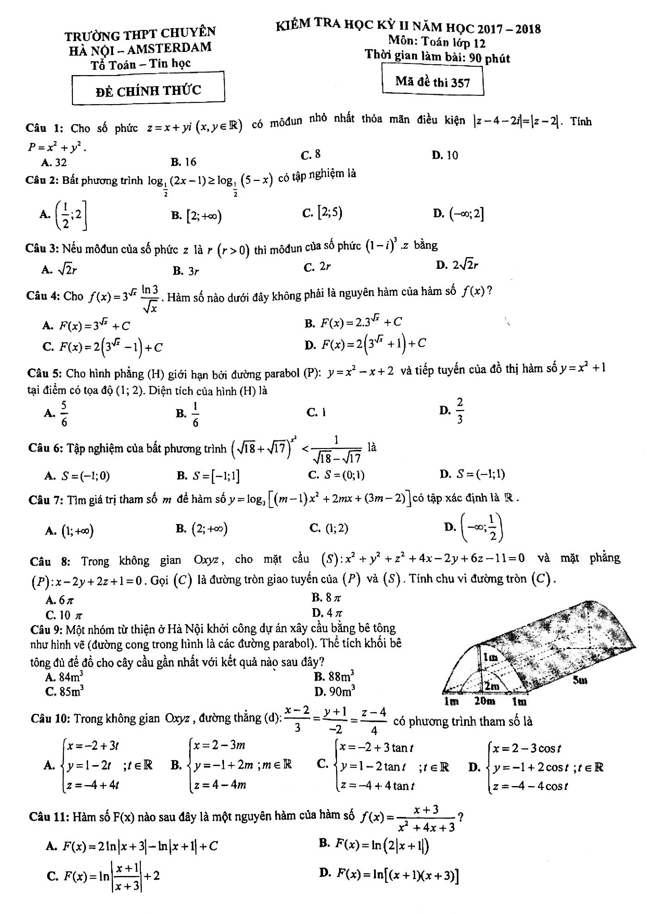Đề 3:  Đề kiểm tra học kỳ 2 Toán 12 năm 2017 – 2018 trường chuyên Hà Nội – Amsterdam Mã đề 357