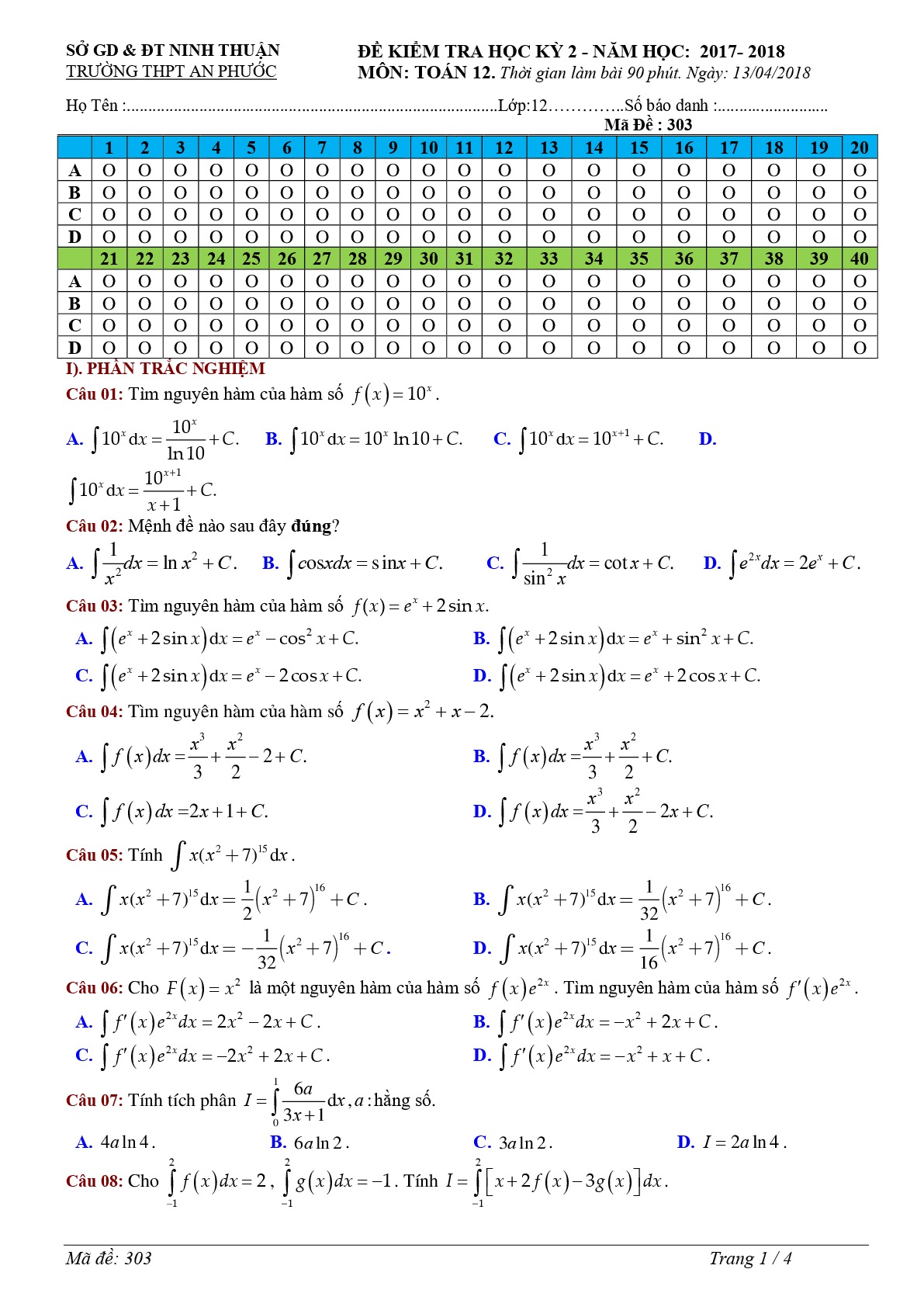 Đề 4:  Đề kiểm tra học kỳ 2 Toán 12 năm 2017 – 2018 trường THPT An Phước – Ninh Thuận Mã đề 303