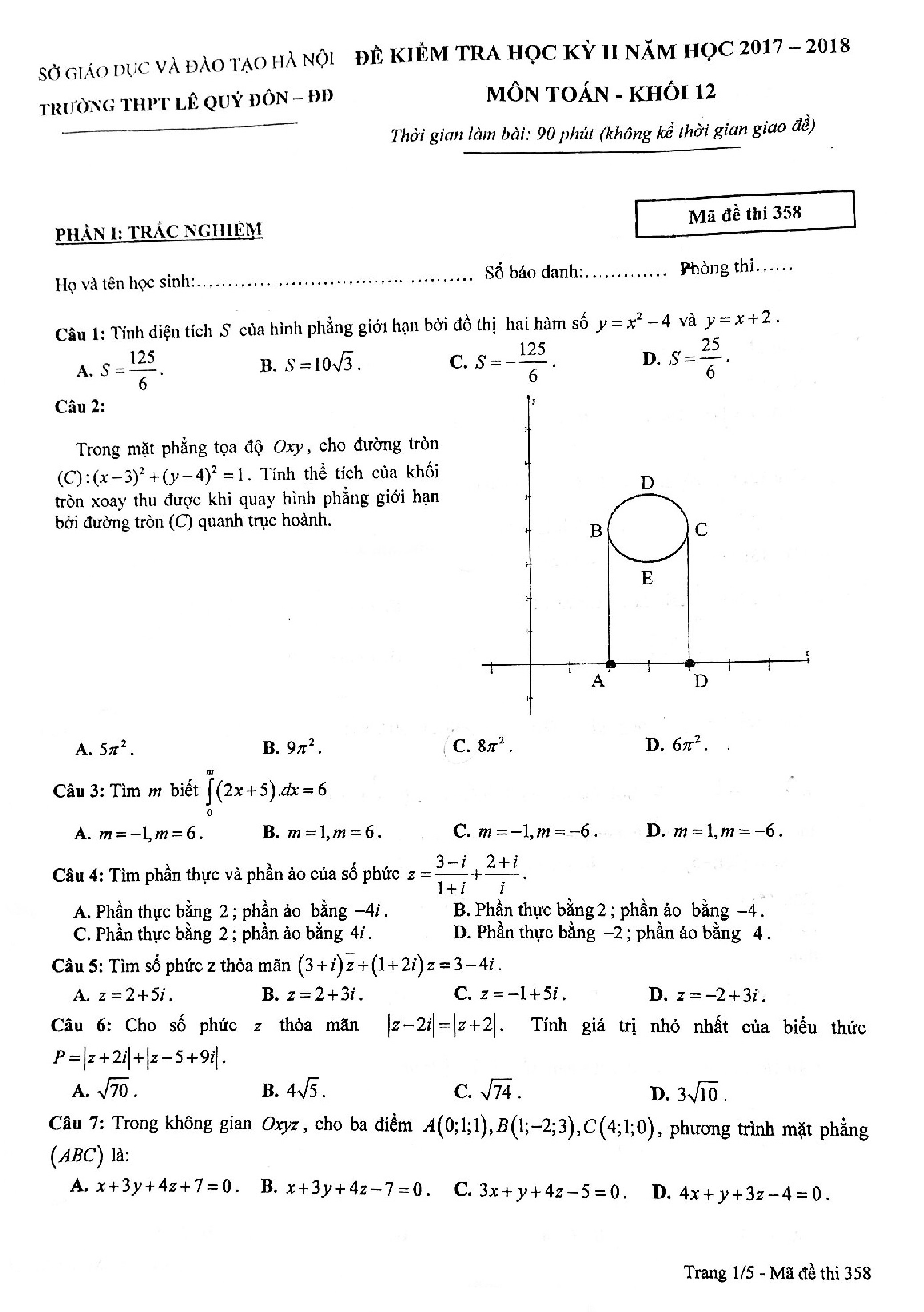 Đề 5: Đề kiểm tra học kỳ 2 Toán 12 năm 2017 – 2018 trường THPT Lê Quý Đôn – Hà Nội Mã đề 358