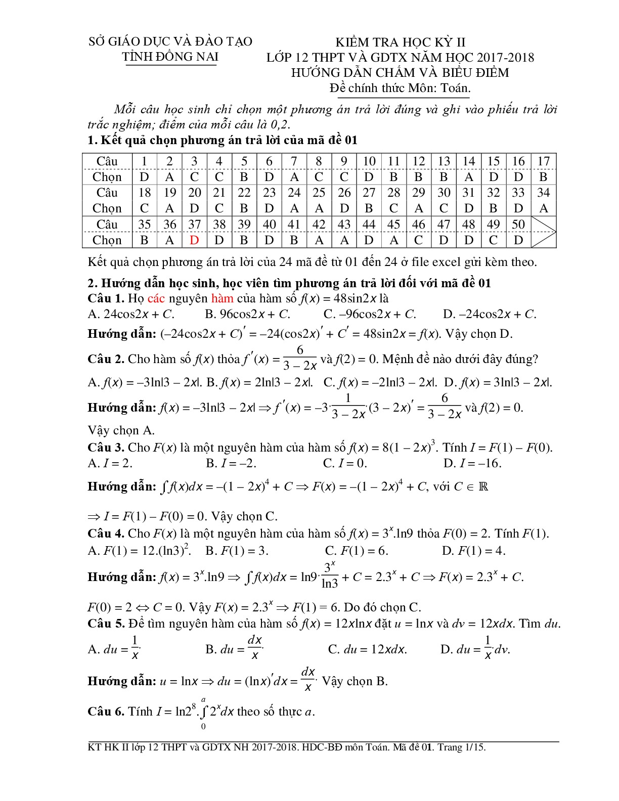 Đề 10:  Đề thi HK2 Toán 12 năm học 2017 – 2018 sở GD và ĐT Đồng Nai Mã đề 01