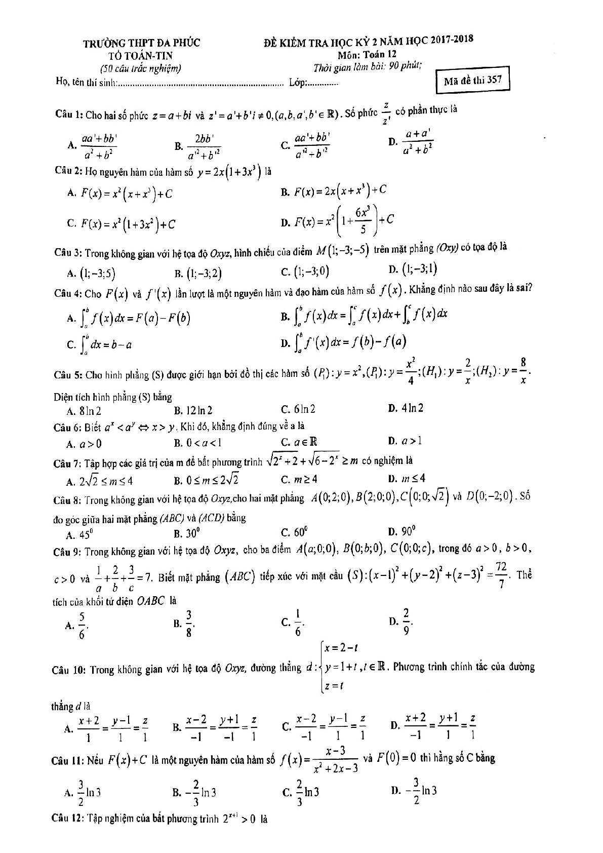 Đề 12:  Đề thi học kỳ 2 Toán 12 năm học 2017 – 2018 trường THPT Đa Phúc – Hà Nội mã đề 357