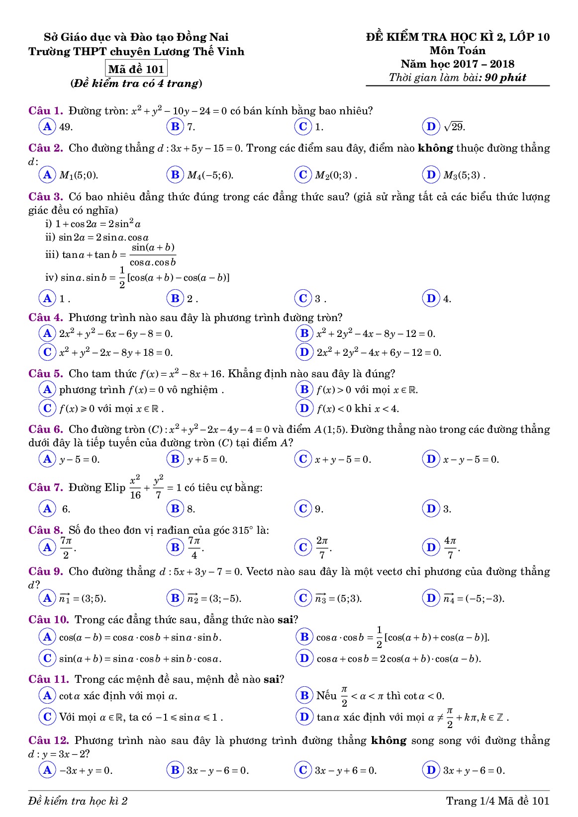 Đề 5: Đề thi HK2 Toán 10 năm 2017 – 2018 trường THPT chuyên Lương Thế Vinh – Đồng Nai Mã đề 101