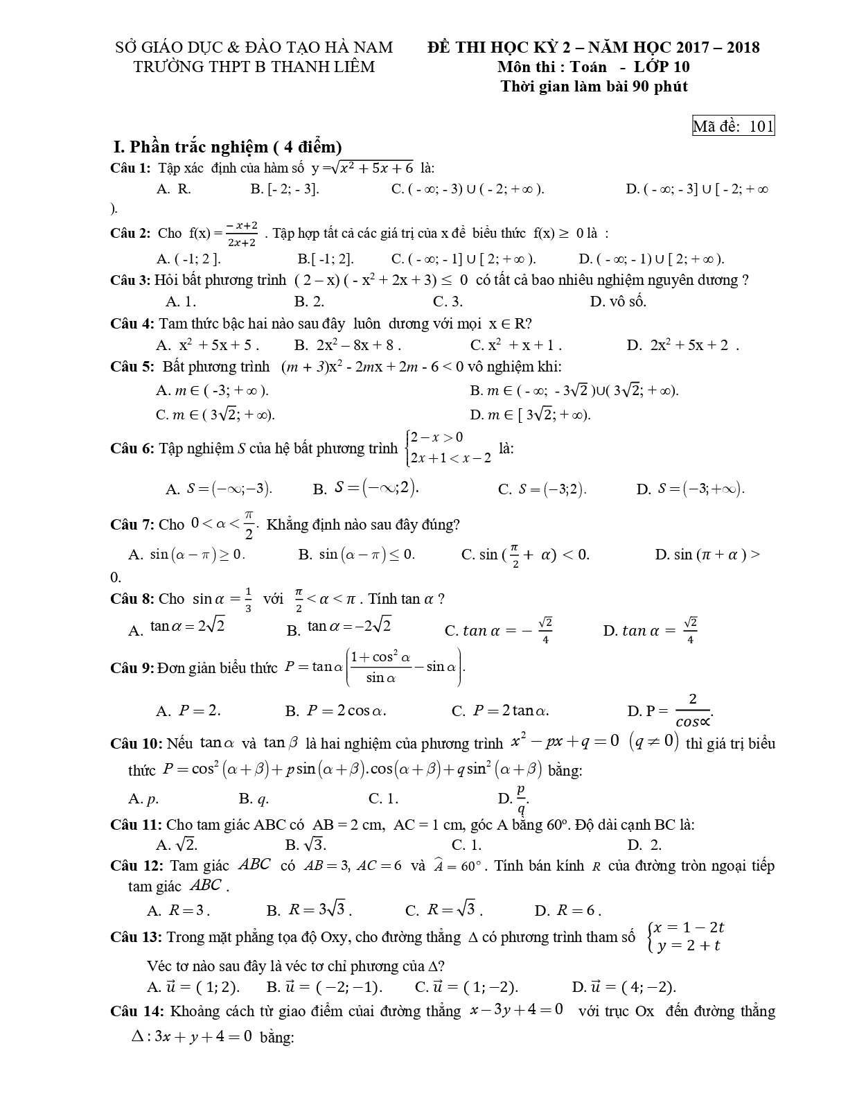 Đề 13: Đề thi học kỳ 2 Toán 10 năm 2017 – 2018 trường THPT B Thanh Liêm – Hà Nam Mã đề 101
