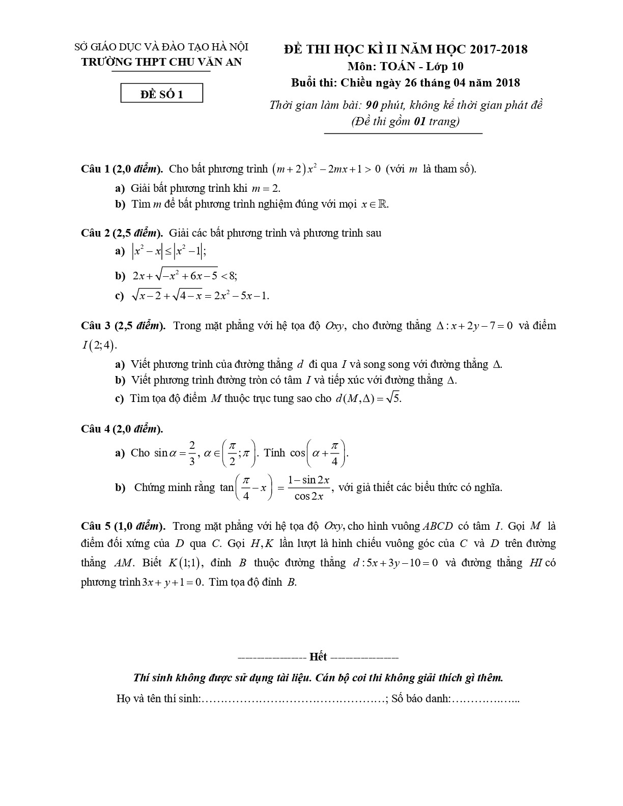 Đề 14: Đề thi học kỳ 2 Toán 10 năm 2017 – 2018 trường THPT Chu Văn An – Hà Nội
