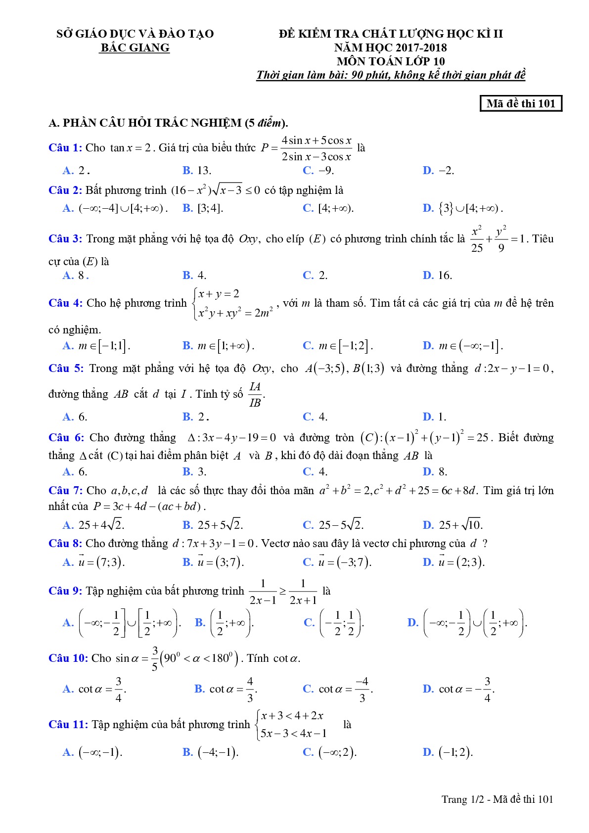 Đề 15: Đề thi học kỳ 2 Toán 10 năm học 2017 – 2018 sở GD và ĐT Bắc Giang Mã đề 101