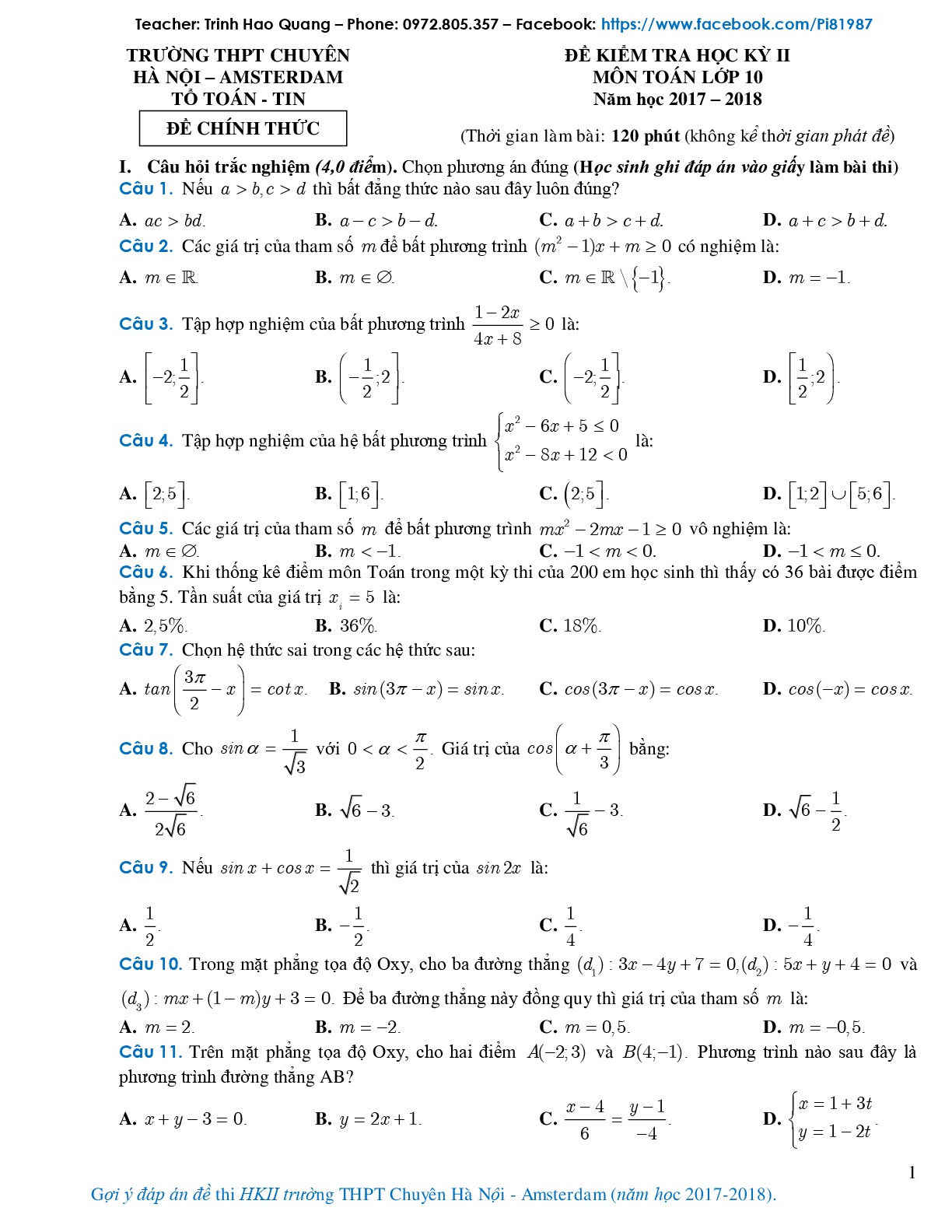 Đề 1:  Đề thi học kỳ 2 Toán 10 năm 2017 – 2018 trường THPT chuyên Hà Nội – Amsterdam