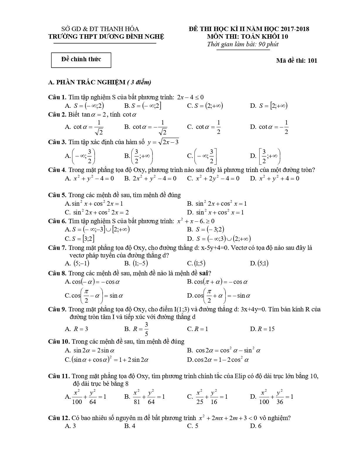 Đề 2: Đề thi học kỳ 2 Toán 10 năm 2017 – 2018 trường THPT Dương Đình Nghệ – Thanh Hóa Mã đề 101