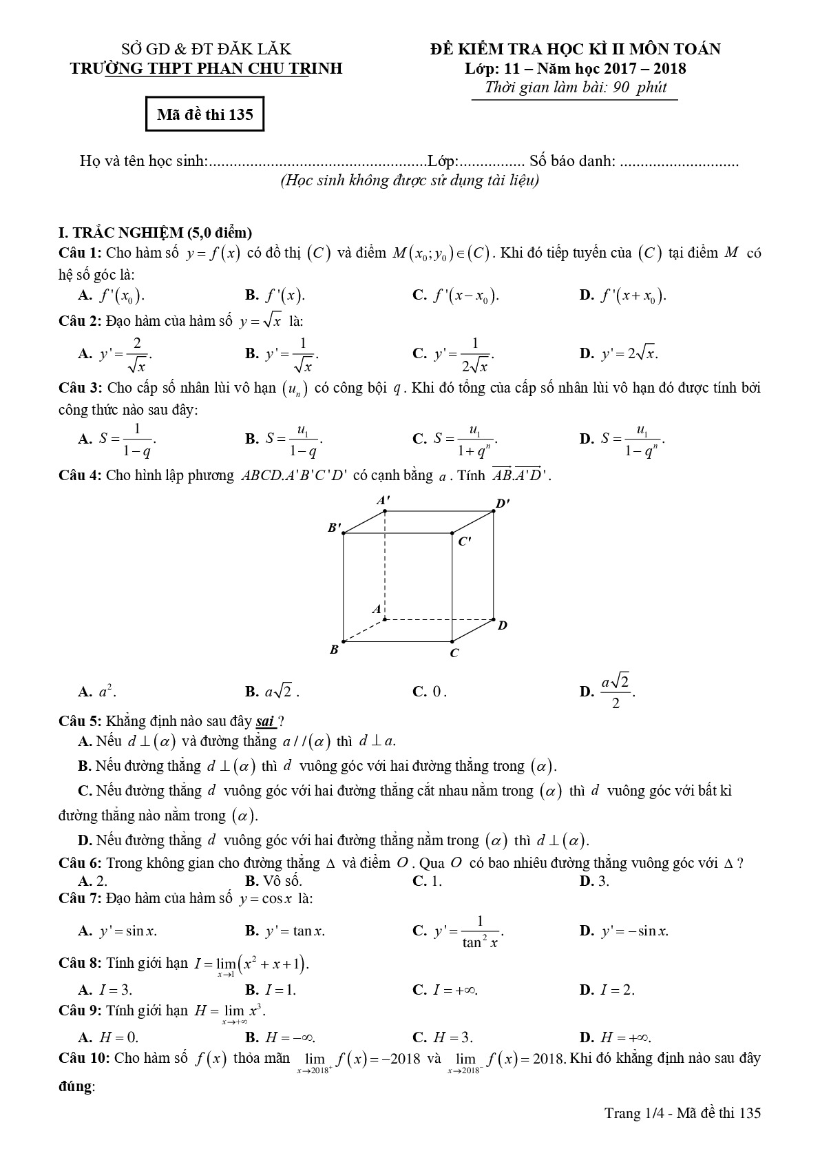Đề 5: Đề thi HK2 Toán 11 năm 2017 – 2018 trường THPT Phan Chu Trinh – Đắk Lắk