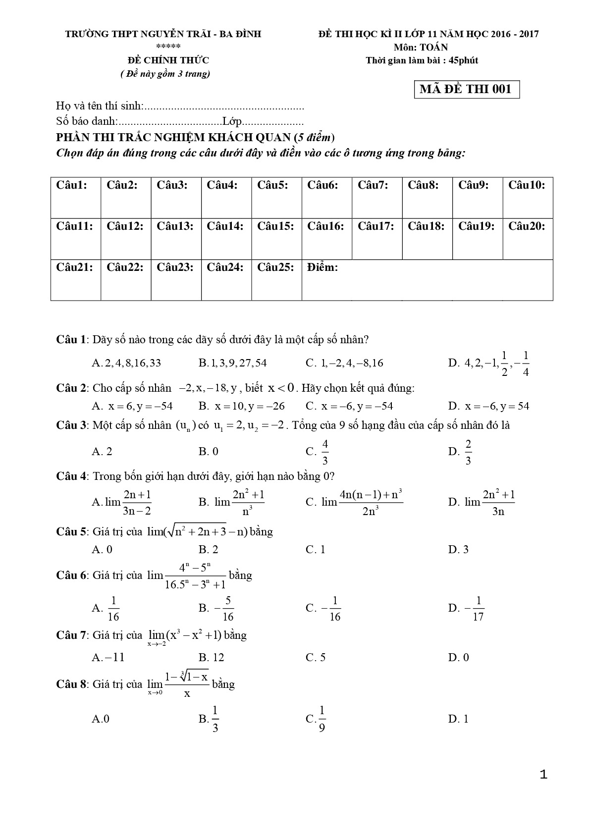 Đề 8:  Đề thi HK2 Toán 11 năm học 2016 - 2017 trường THPT Nguyễn Trãi - Hà Nội Mã đề 001