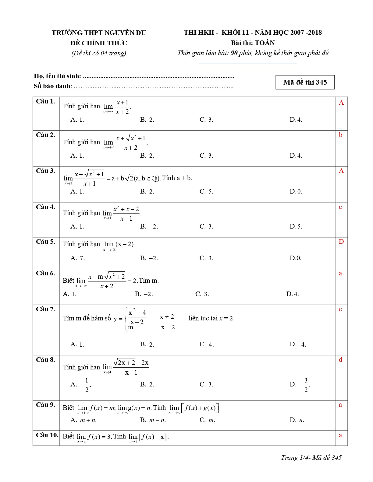 Đề 10: Đề thi HK2 Toán 11 năm học 2017 – 2018 trường THPT Nguyễn Du – Phú Yên Mã đề 345