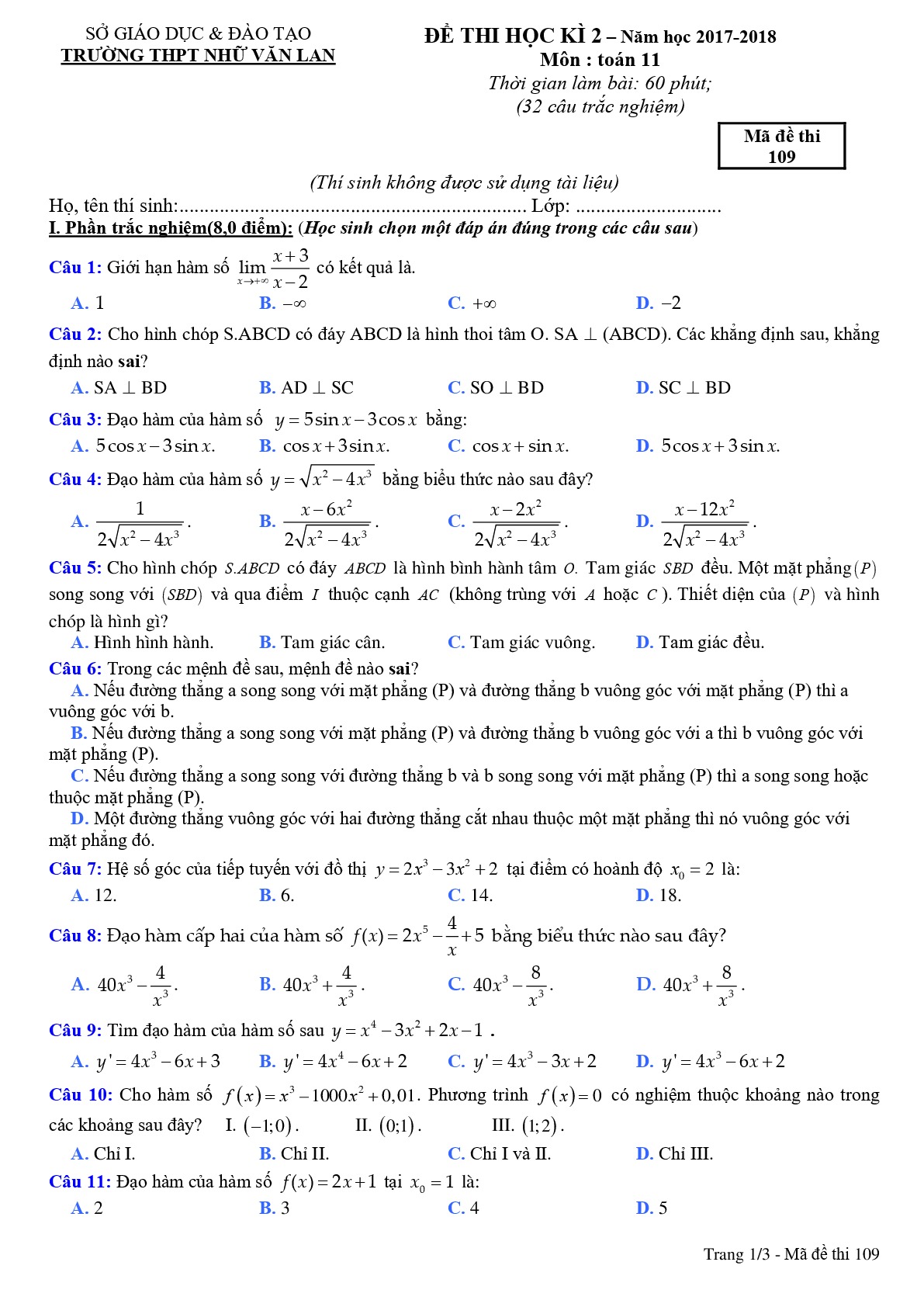 Đề 11: Đề thi HK2 Toán 11 năm học 2017 – 2018 trường THPT Nhữ Văn Lan – Hải Phòng Mã đề 109