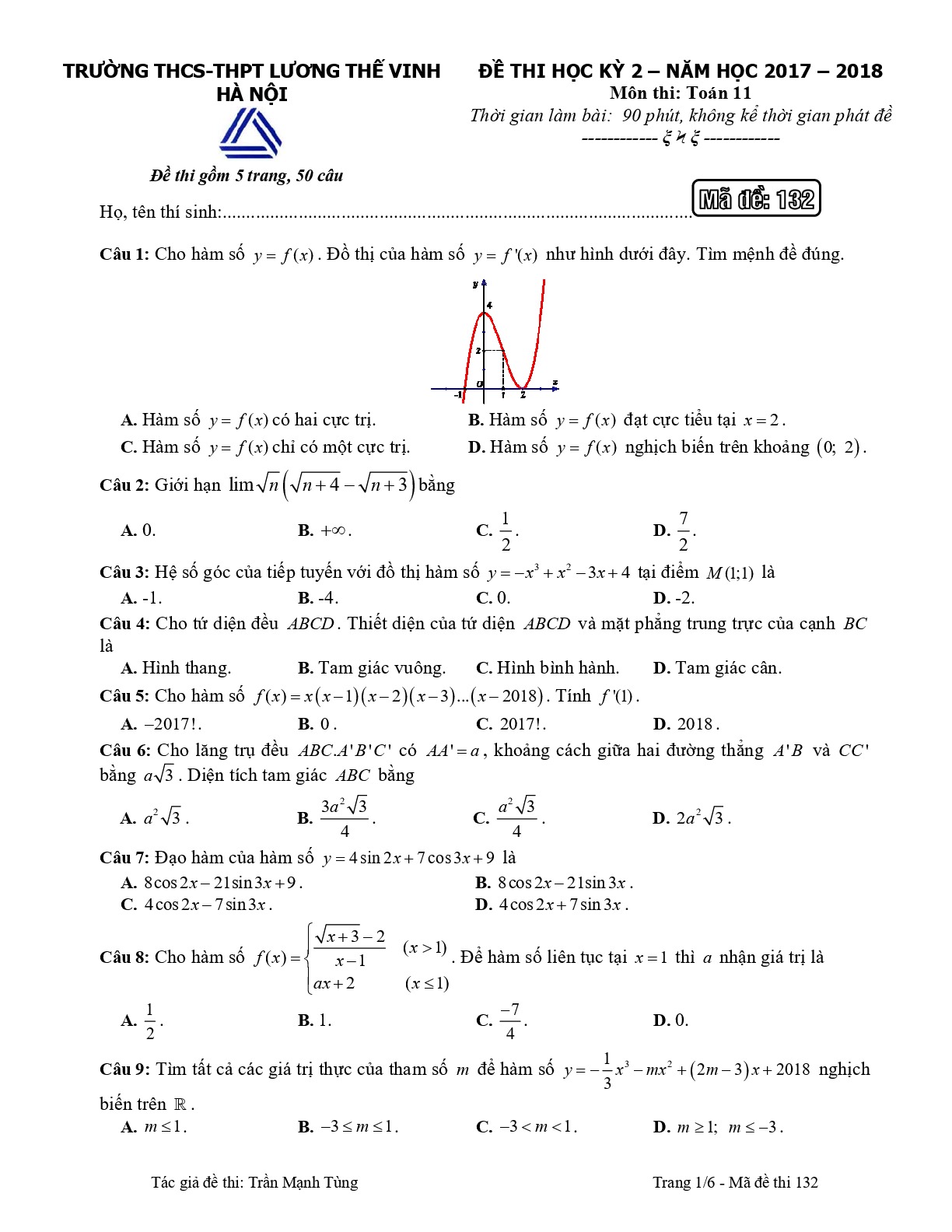 Đề 12: Đề thi học kỳ 2 Toán 11 năm 2017 – 2018 trường Lương Thế Vinh – Hà Nội Mã đề 132