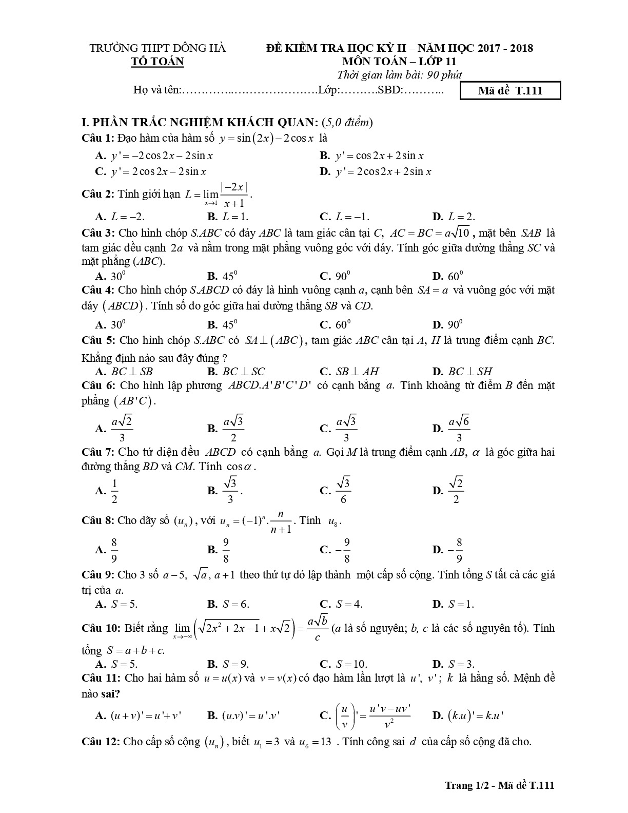 Đề 14: Đề thi học kỳ 2 Toán 11 năm 2017 – 2018 trường THPT Đông Hà – Quảng Trị mã đề T.111