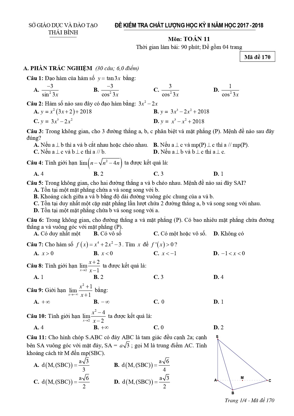 6.    Đề kiểm tra chất lượng học kỳ 2 Toán 11 năm 2017 – 2018 sở GD và ĐT Thái Bình MÃ ĐỀ 170