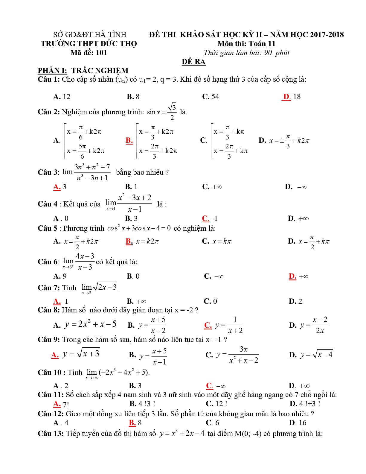 10.    Đề thi học kỳ 2 Toán 11 năm 2017 – 2018 trường THPT Đức Thọ – Hà Tĩnh Mã đề 101