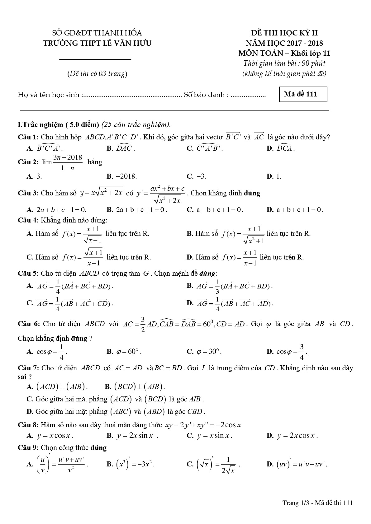 11.    Đề thi học kỳ 2 Toán 11 năm 2017 – 2018 trường THPT Lê Văn Hưu – Thanh Hóa Mã đề 111