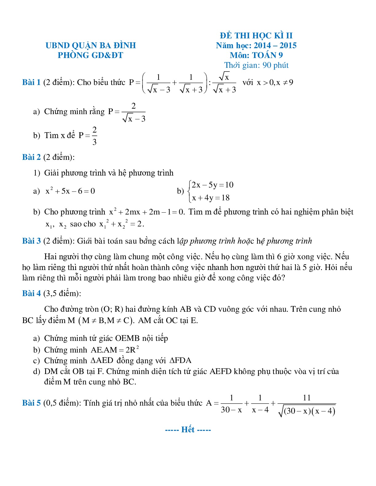 Toán 9 - Đề kiểm tra HKII -QUẬN-BA-ĐÌNH-2014-2015