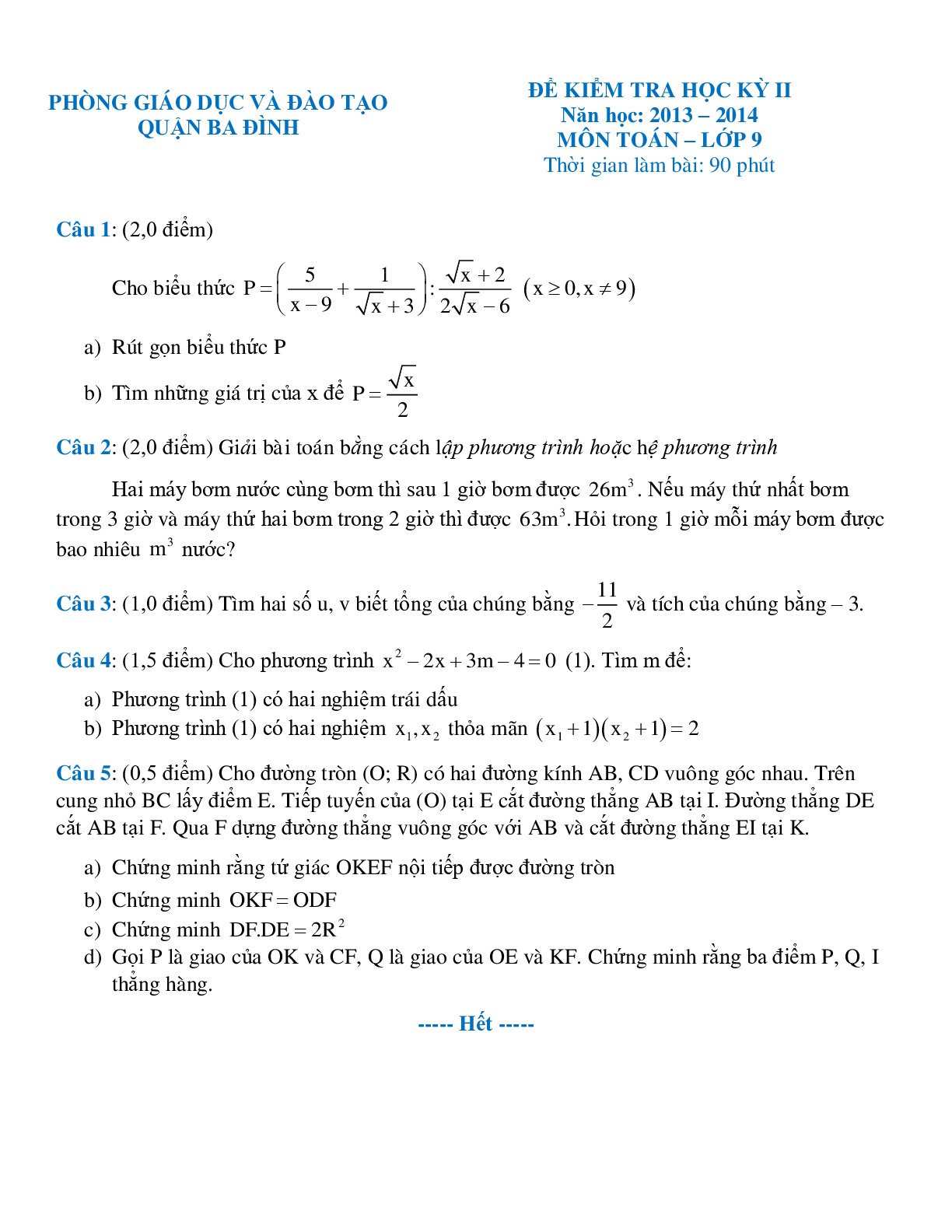 Toán 9- Đề kiểm tra HKII-QUẬN-BA-ĐÌNH-2013-2014