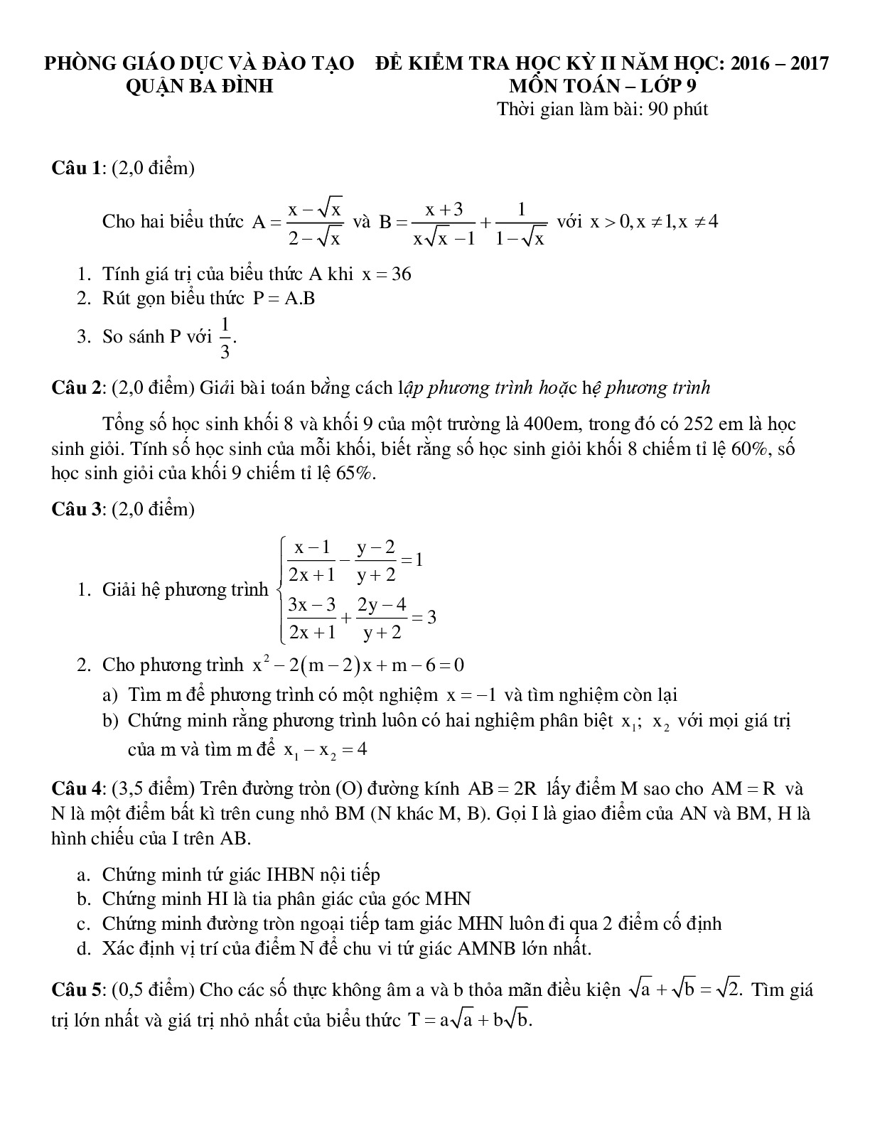 Toán 9 Đề kiểm tra học kì 2- Phòng GD&ĐT Quận Ba Đình năm 2016-2017