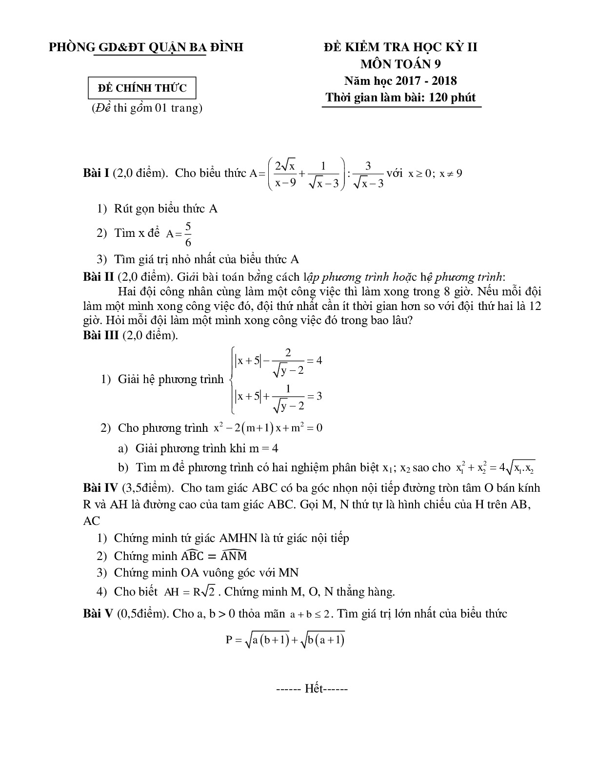 Toán 9 Đề kiểm tra học kì 2- phòng DG&ĐT Quận Ba Đình năm 2017-2018