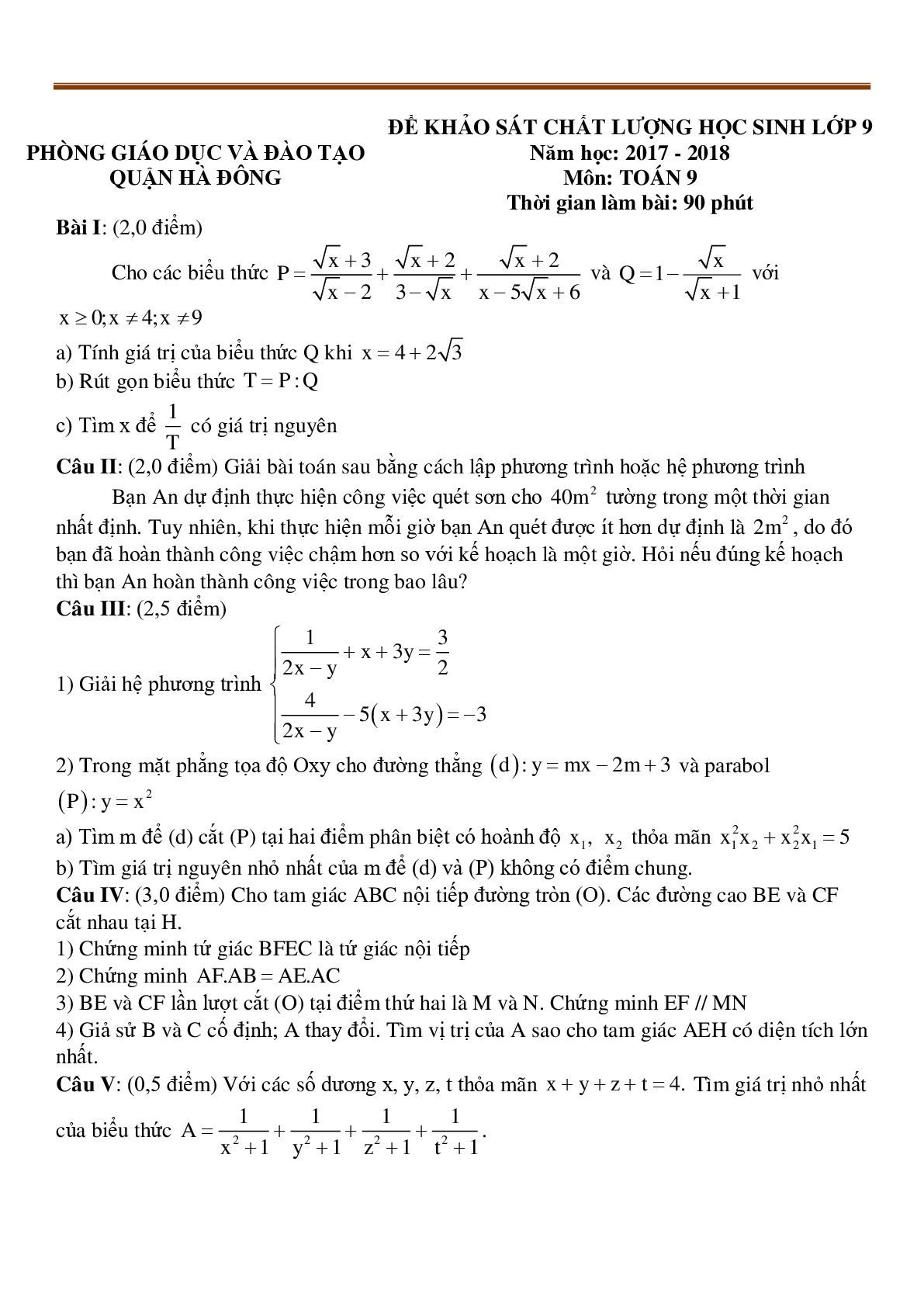 Toán 9- Đề khảo chất lượng- phòng GD&ĐT Quận Hà Đông  năm 2017-2018