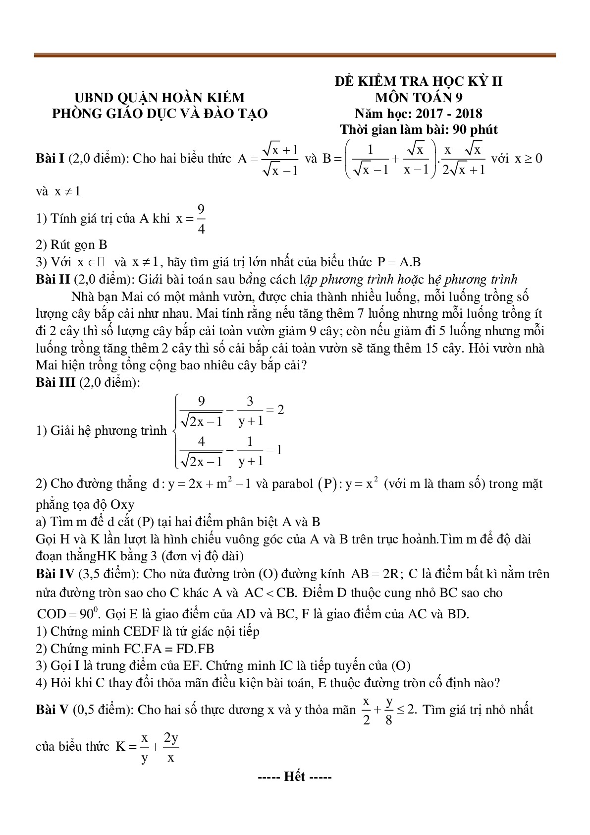 Toán 9- Đề kiểm tra học kì 2- phòng GD&ĐT Quận Hoàn Kiếm năm 2017-2018