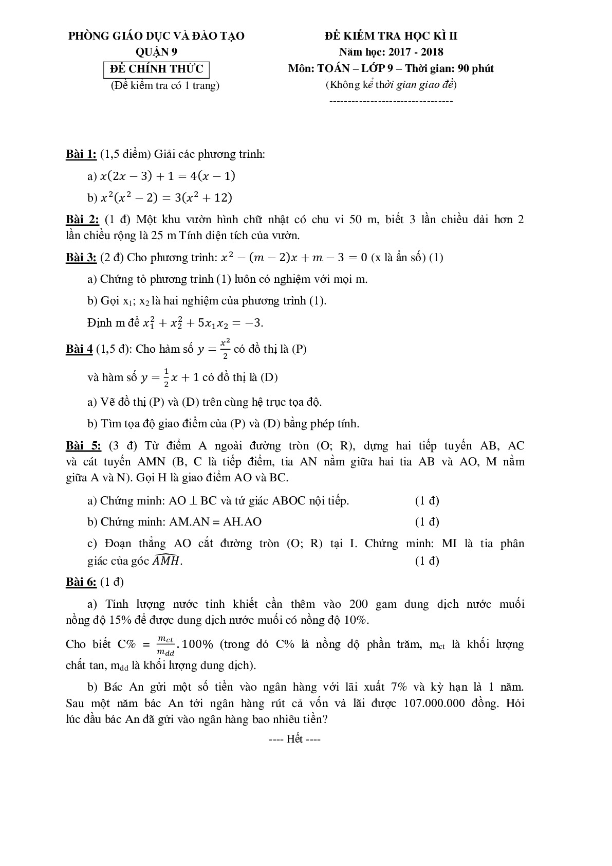 Toán 9- Đề thì học kì 2- Phòng GD&ĐT Quận 9 năm 2017-2018