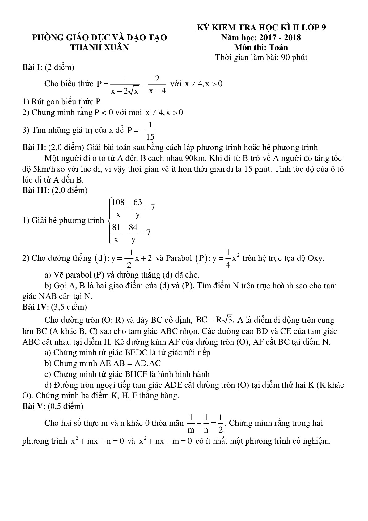 Toán 9- Đề thì học kì 2- Phòng GD&ĐT Quận Thanh Xuân năm 2017-2018