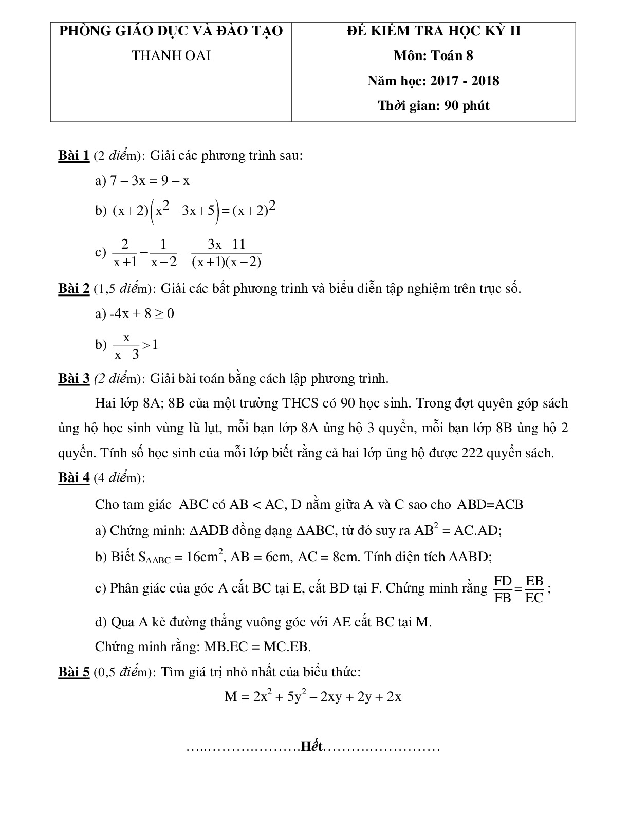 Toán 8-  Đề kiểm tra học kì 2- Phòng GD&ĐT Thanh Oai - năm 2017-2018