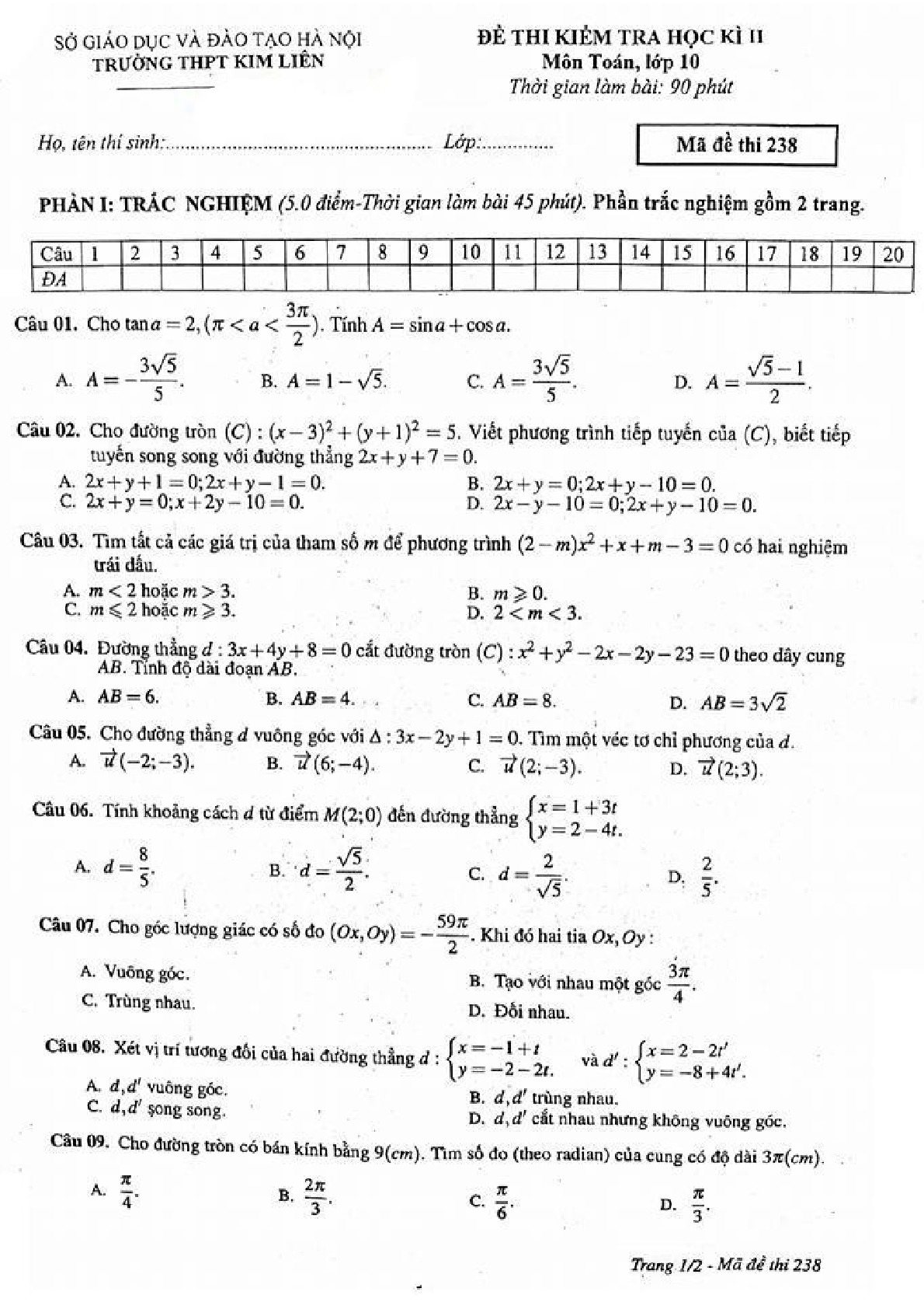 Đề thi Học Kì 2 Toán 10 năm học 2016 - 2017 trường THPT Kim Liên - Hà Nội Mã đề 238