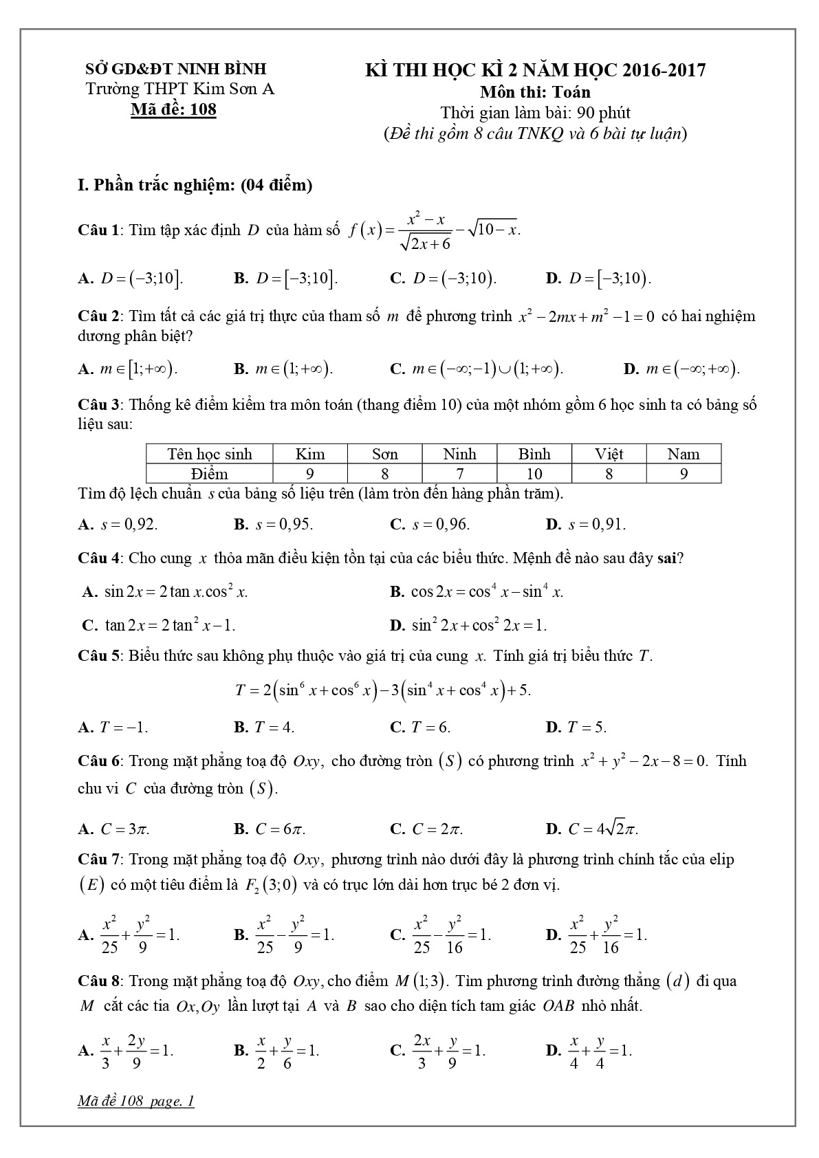 [toanmath.com] - Đề thi Học Kì 2 Toán 10 năm học 2016 - 2017 trường THPT Kim Sơn A - Ninh Bình mã đề 108