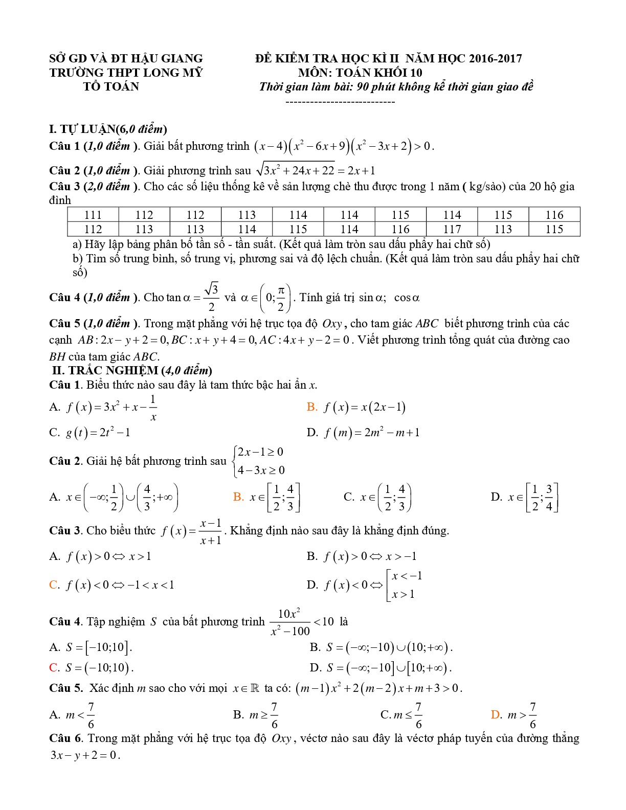 Đề thi Học Kì 2 Toán 10 năm học 2016 - 2017 trường THPT Long Mỹ - Hậu Giang