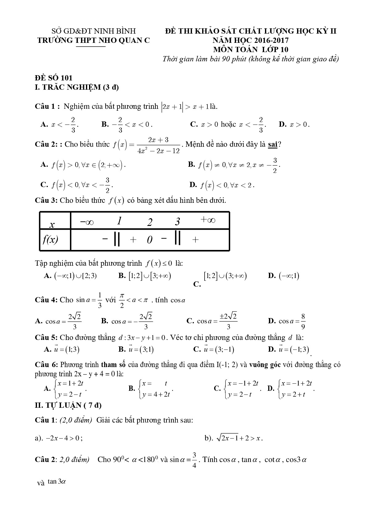 Đề thi Học Kì 2 Toán 10 năm học 2016 - 2017 trường THPT Nho Quan C - Ninh Bình Mã đề 101