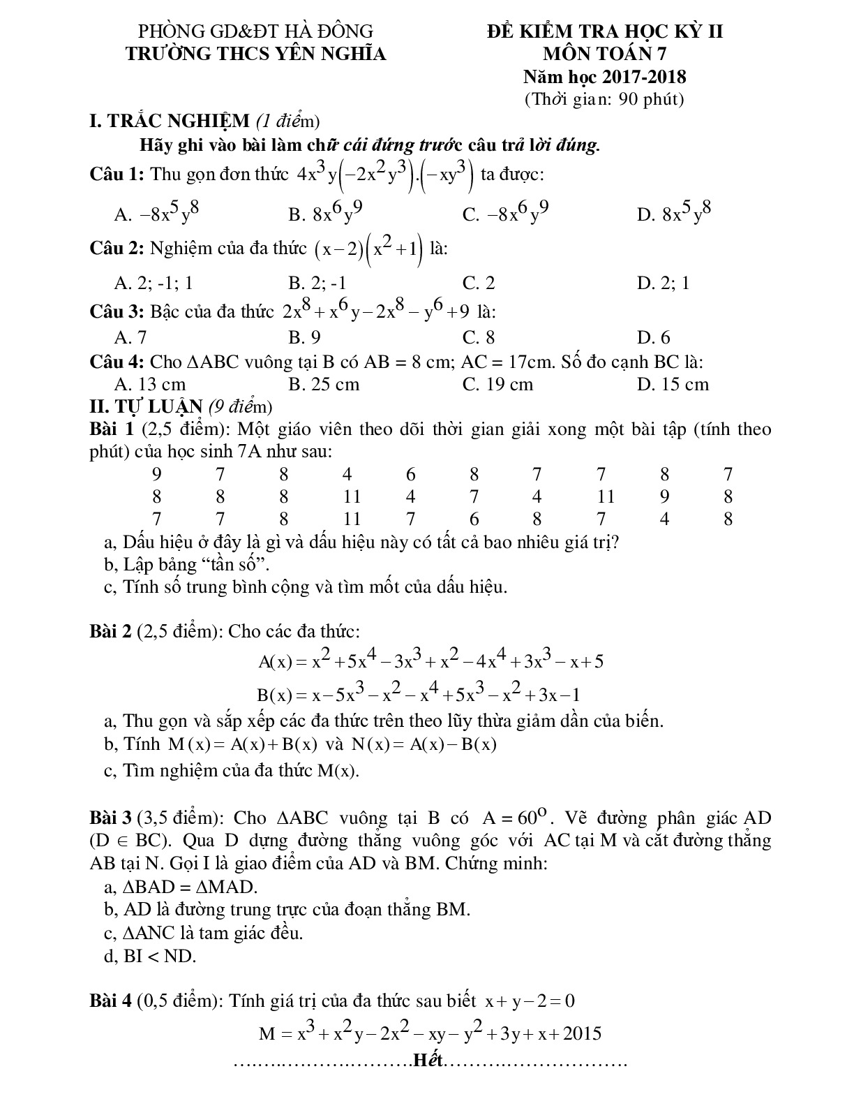Toán 7 Đề thi học kì 2- Trường THCS Yên Nghĩa- Hà Đông năm 2017-2018