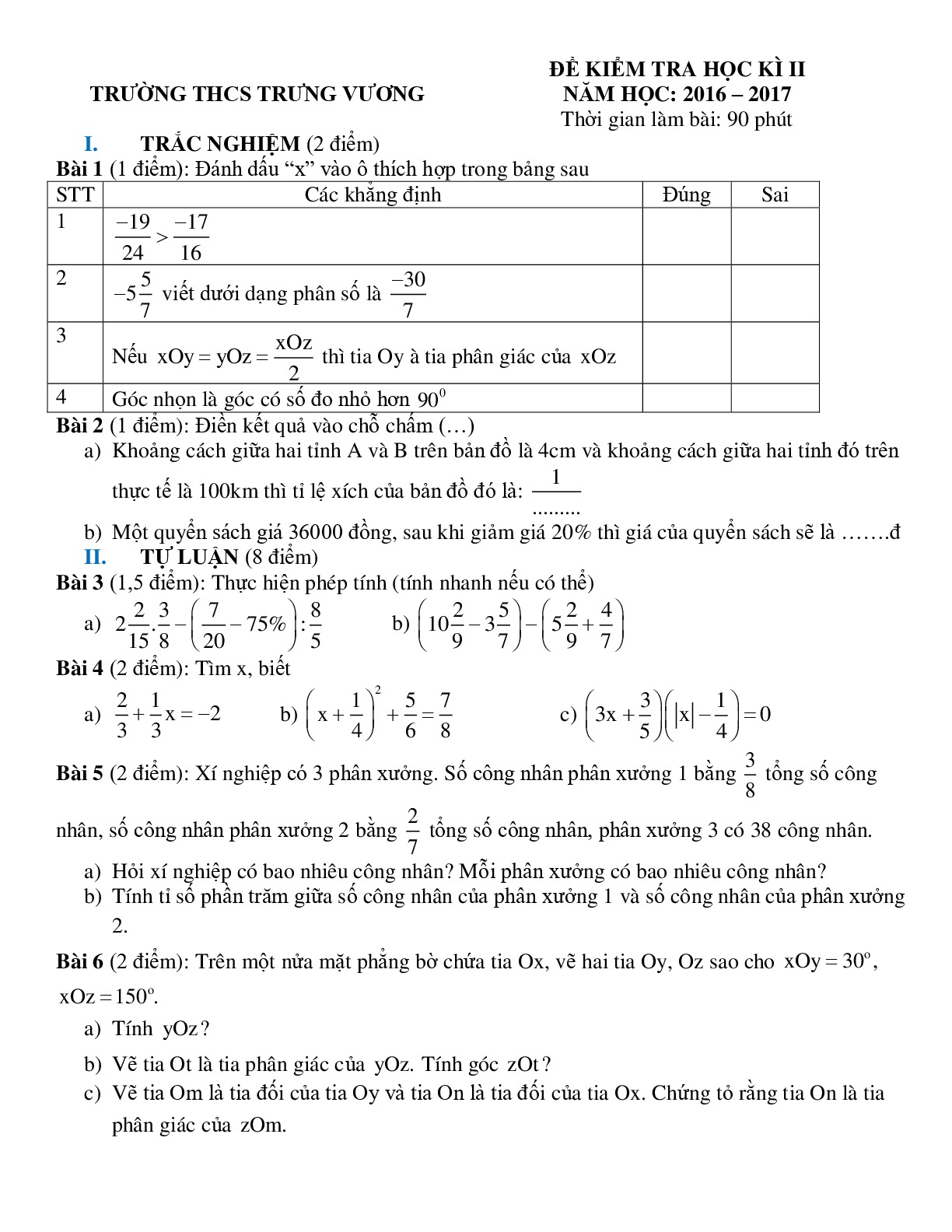 Toán 6- Đề kiểm tra học kì 2 - Trường THCS Trưng Vương năm 2016-2017