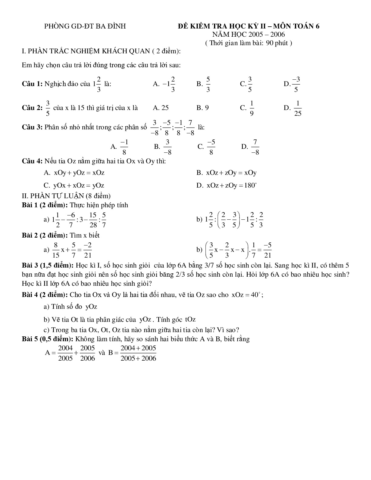Toán 6- Đề kiểm tra học kì 2 - Phòng GD&ĐT Ba Đình năm 2005-2006