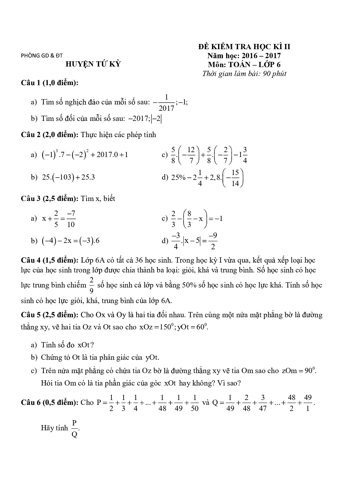 Toán 6- Đề kiểm tra học kì 2- Phòng GD&ĐT Huyện Tứ Kì năm 2016-2017