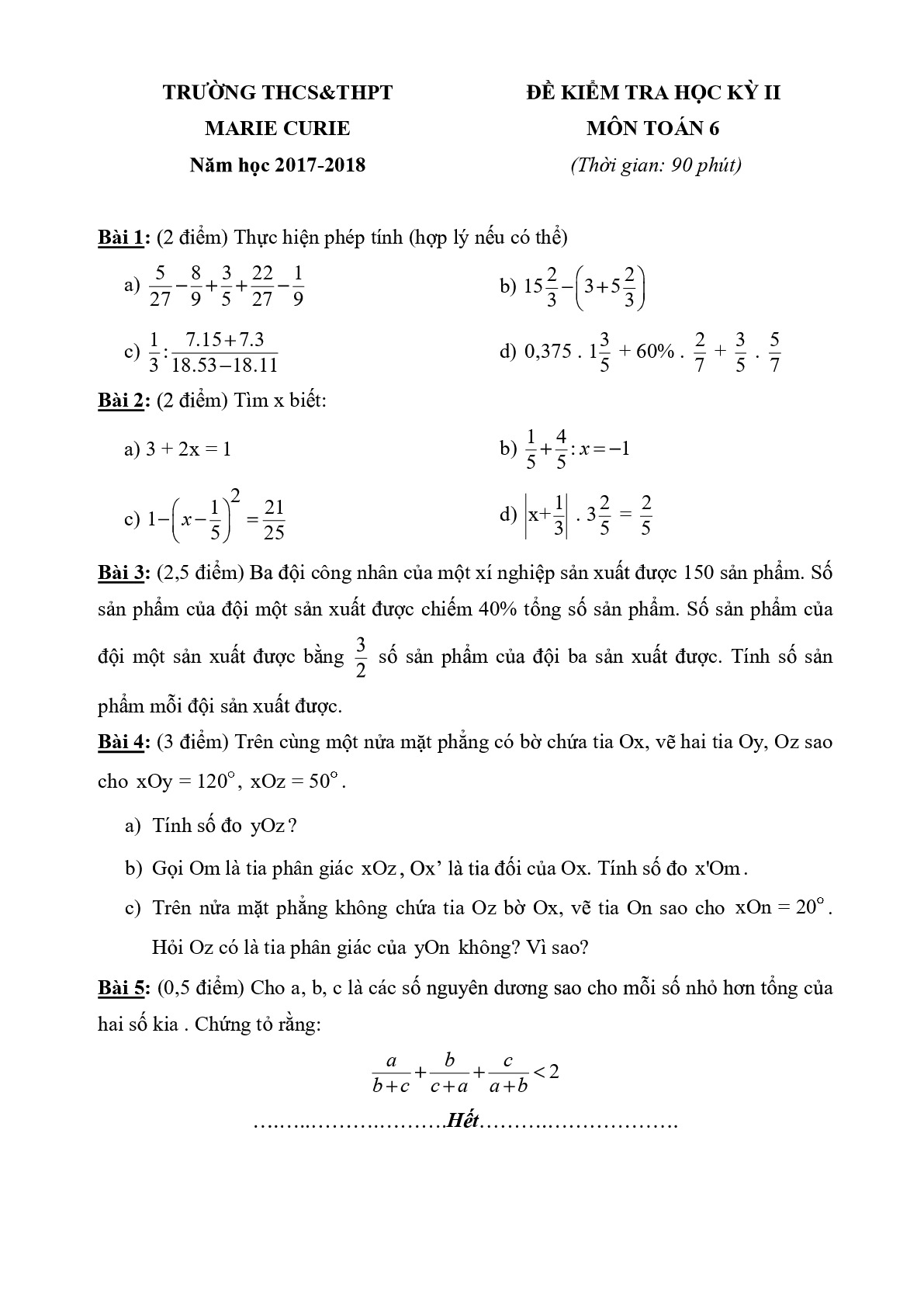 Toán 6- Đề kiểm tra học kì 2- Trường THCS Marie Curie  năm 2017-2018