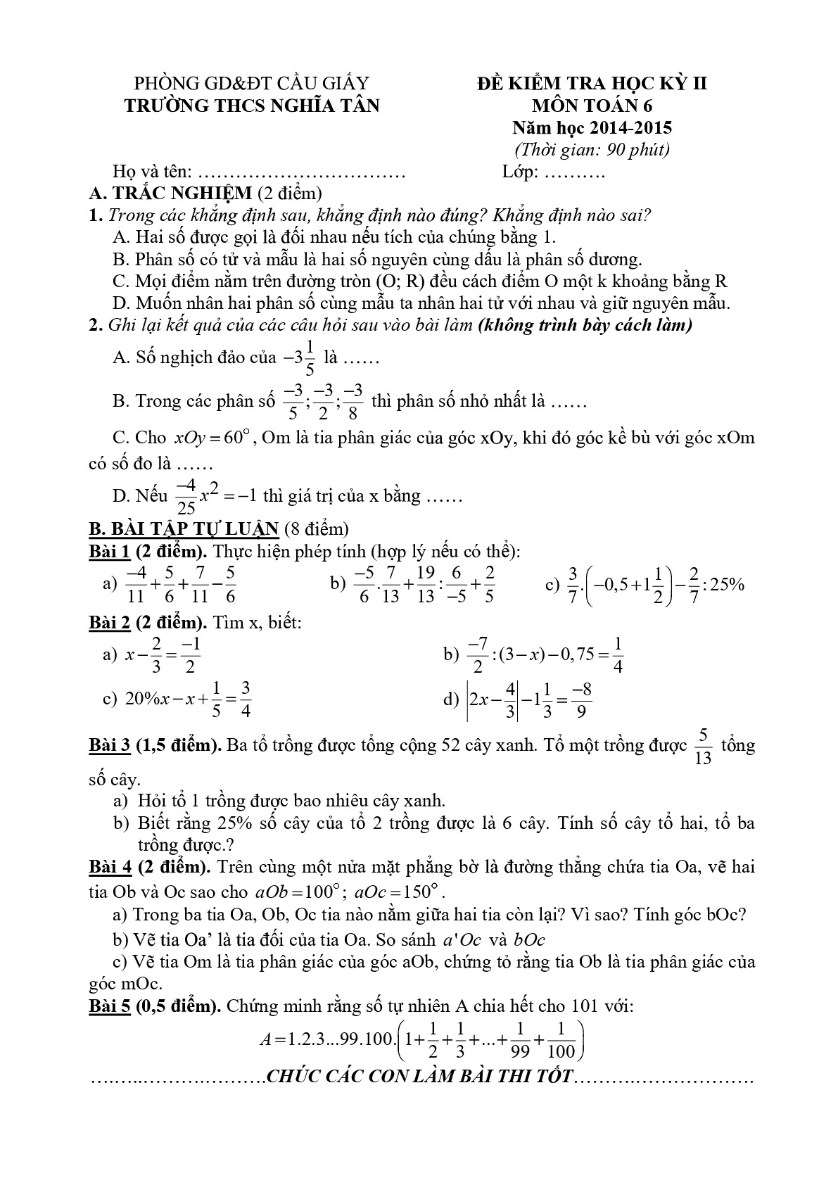 Toán 6- Đề kiểm tra học kì 2- Trường THCS Nghĩa Tân - Cầu Giấy  năm 2014-2015