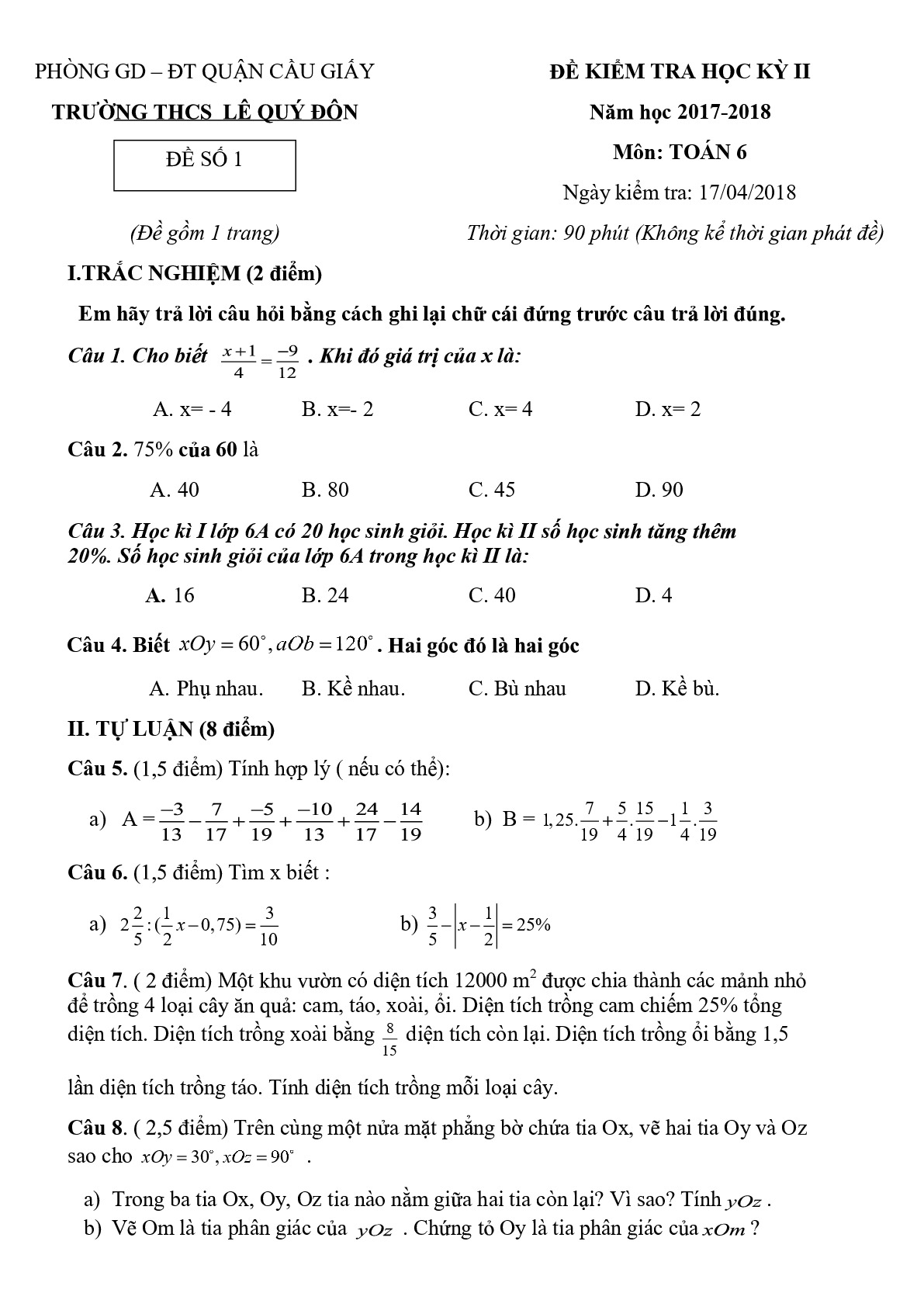 Toán 6- Đề kiểm tra học kì 2- Trường THCS Lê Quý Đôn năm 2017-2018