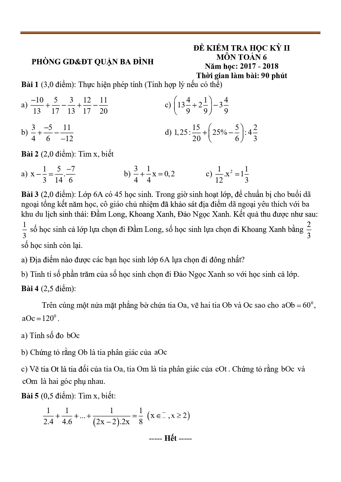 Toán 6- Đề kiểm tra học kì 2- Phòng GD&ĐT Quận Ba Đình- Hà Nội năm 2017-2018