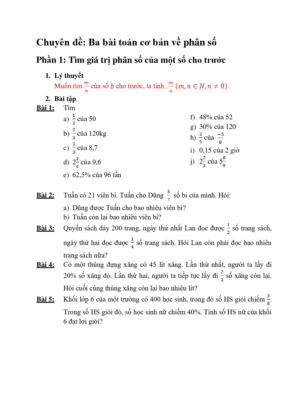 Toán 6: Chuyên đề 6. Ba dạng toán cơ bản về phân số