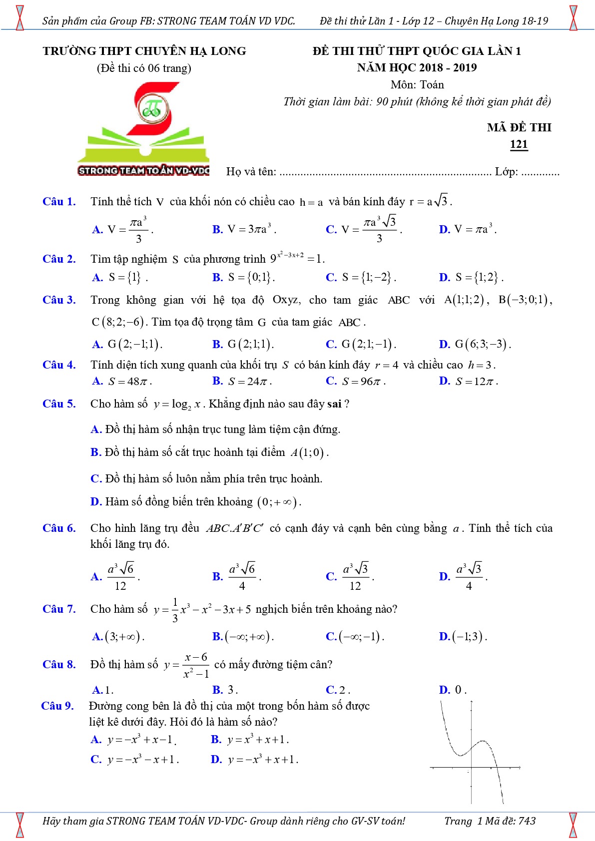 Đề thi thử Toán THPT Quốc gia 2019 trường chuyên Hạ Long – Quảng Ninh lần 1