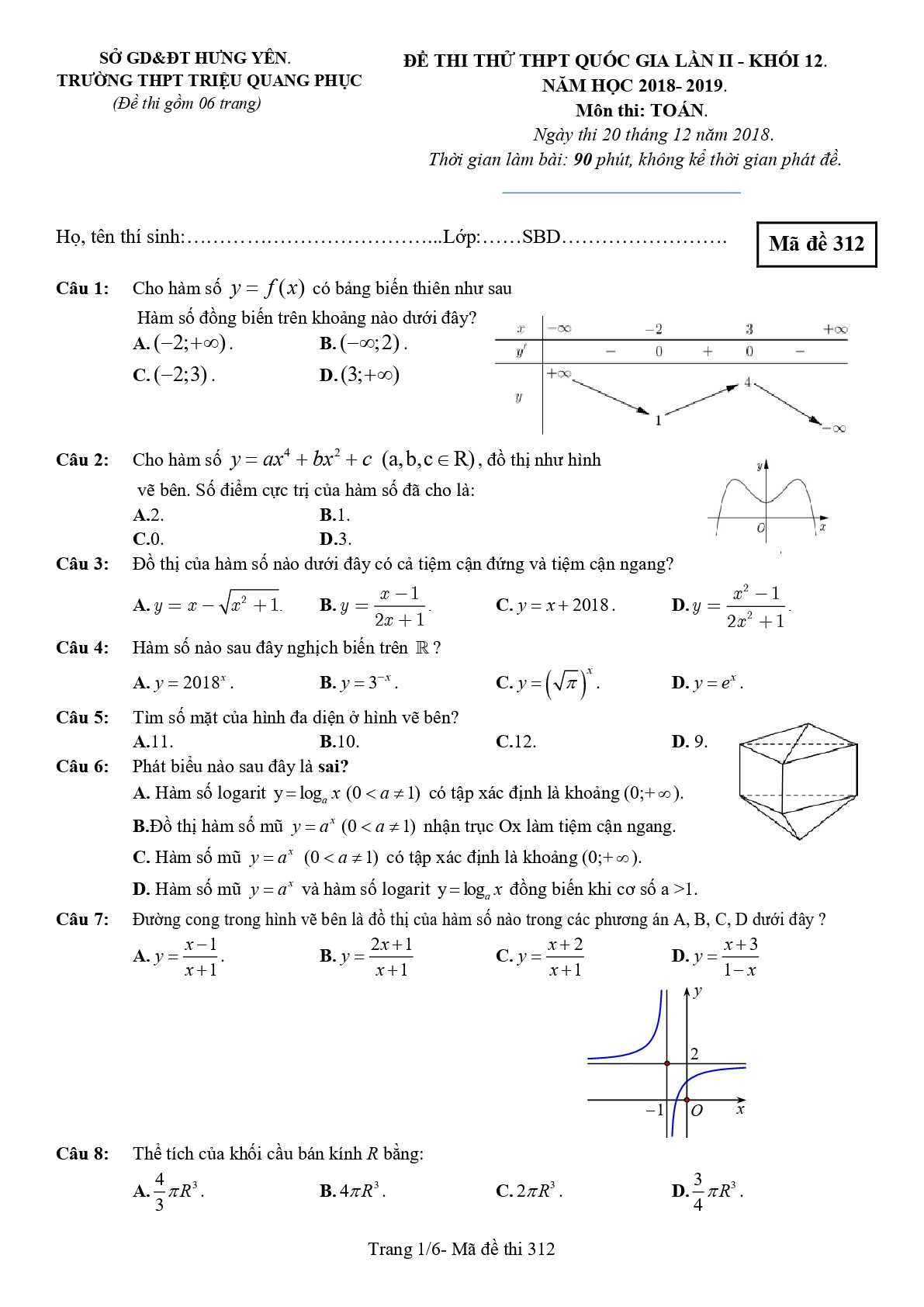 Đề thi thử Toán THPT Quốc gia 2019 trường Triệu Quang Phục – Hưng Yên lần 2