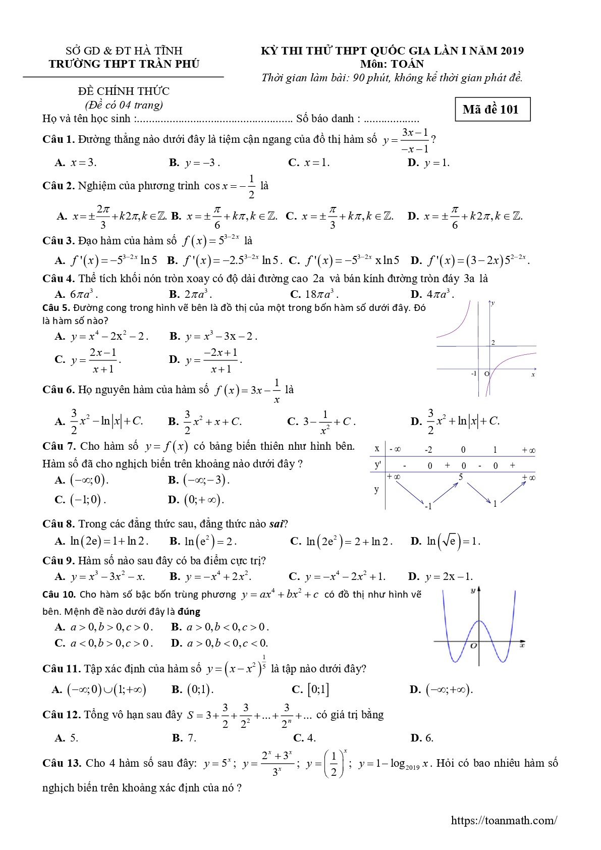 Đề thi thử Toán THPT Quốc gia 2019 lần 1 trường Trần Phú – Hà Tĩnh