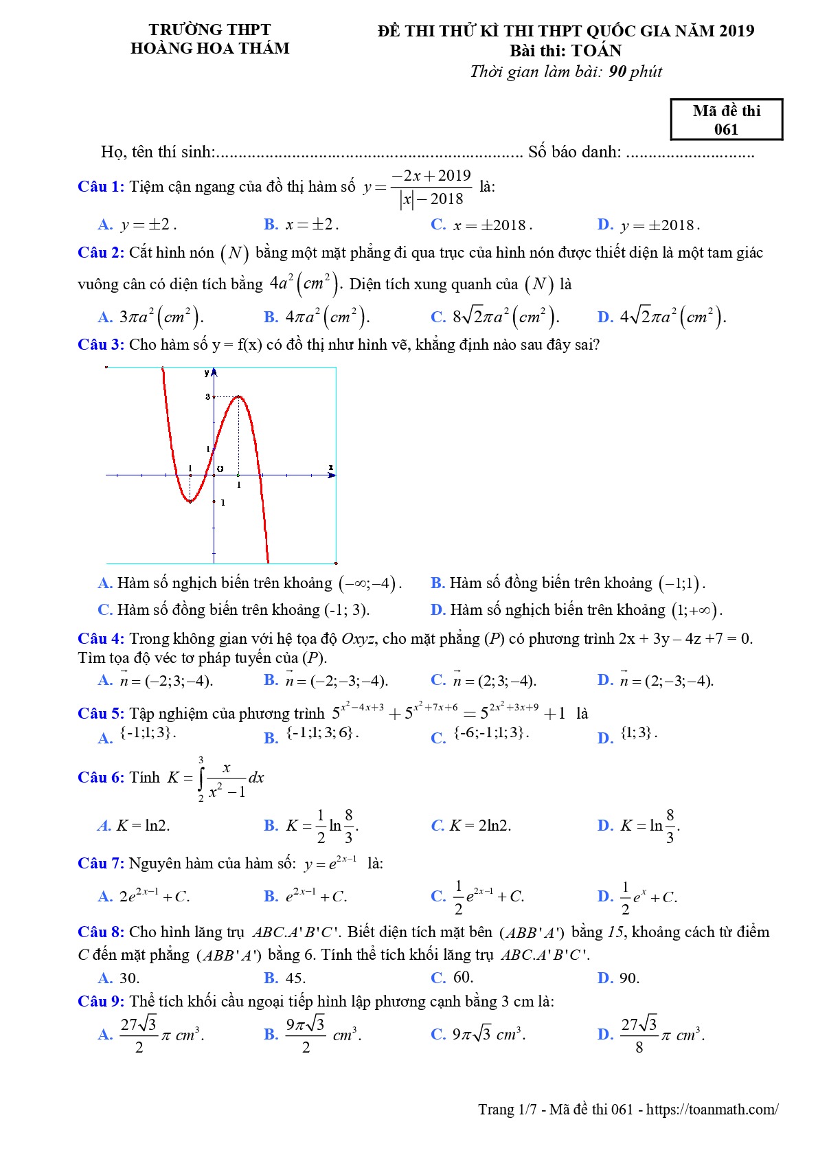 Đề thi thử Toán THPTQG 2019 trường THPT Hoàng Hoa Thám – Hưng Yên