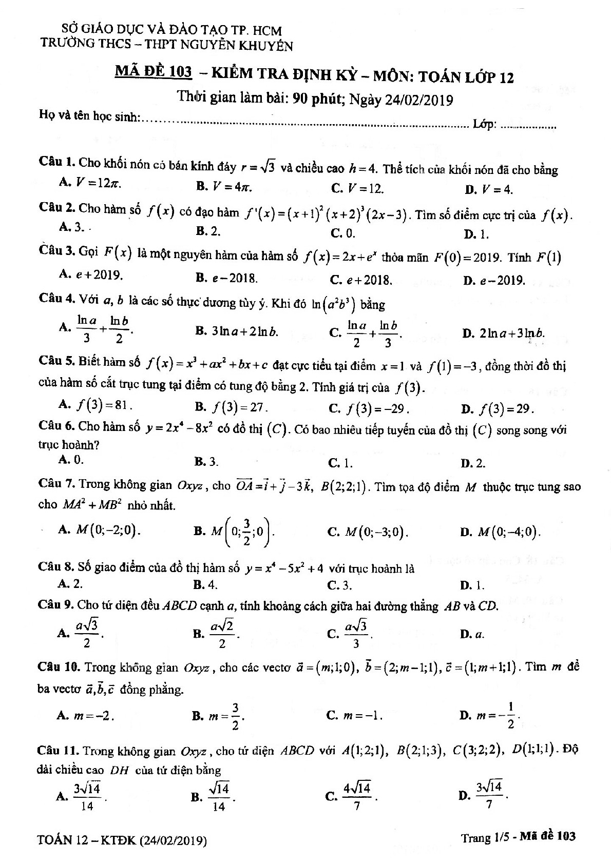 Kiểm tra định kỳ Toán 12 tháng 02_2019 trường Nguyễn Khuyến – TP. HCM