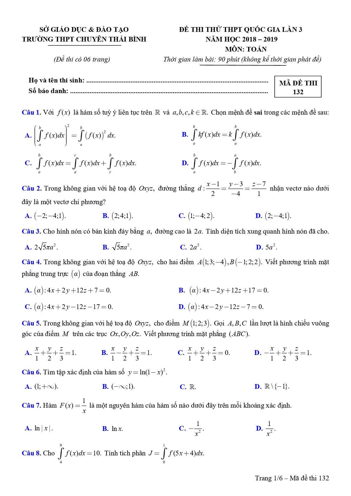 Đề thi thử THPT Quốc gia 2019 môn Toán trường THPT chuyên Thái Bình lần 3