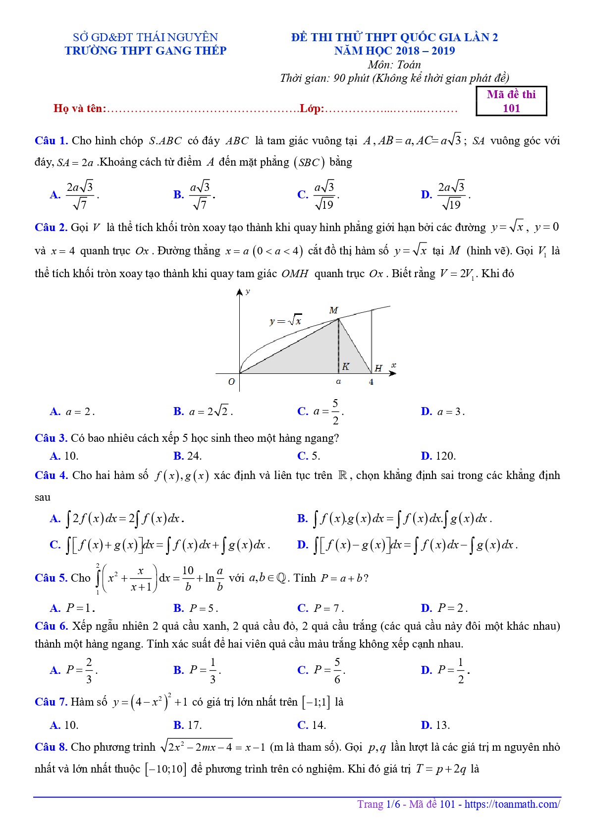 Đề thi thử Toán THPT Quốc gia 2019 lần 2 trường THPT Gang Thép – Thái Nguyên